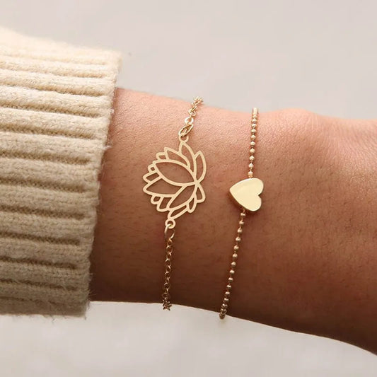Gold Tone Lotus & Heart Bracelet