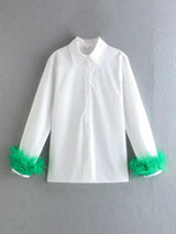 Green Feather Sleeves White Shirt