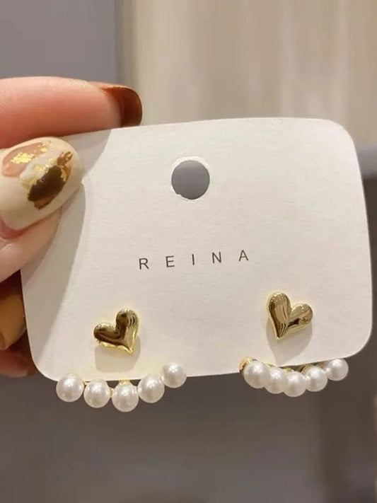 Gold Heart and Pearl Earrings