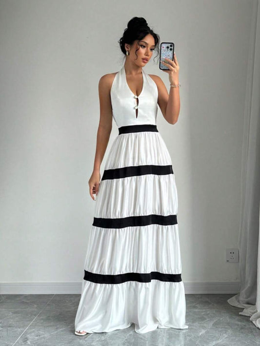 White & Black Ribbon A-Line Maxi Dress