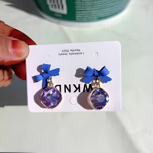 Purple Crystal Bow Charm Earrings