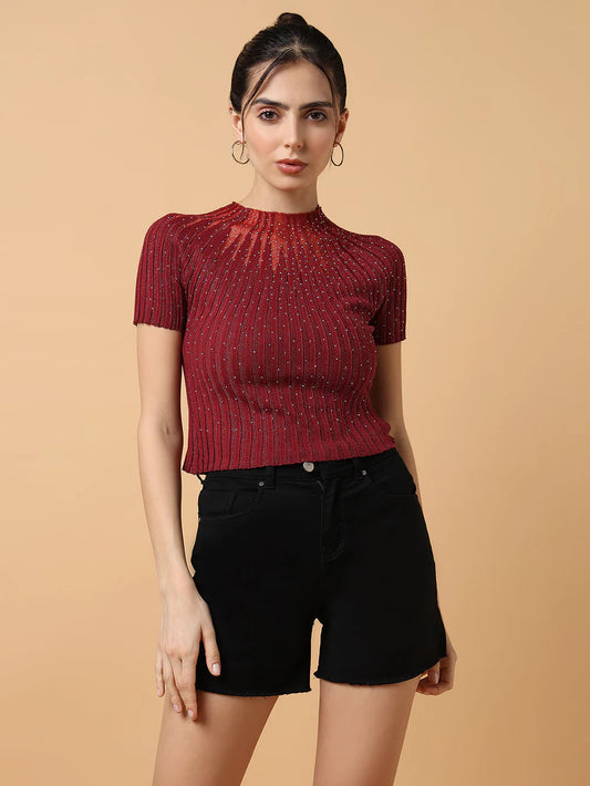 Maroon Sparkle Mock Neck Top