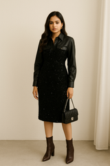 Full Sleeve Leather Shiny Party Dress