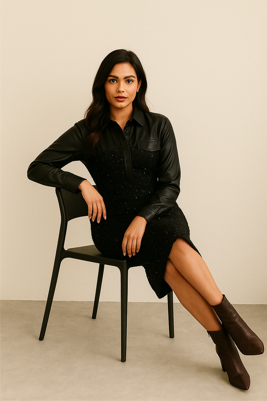 Full Sleeve Leather Shiny Party Dress