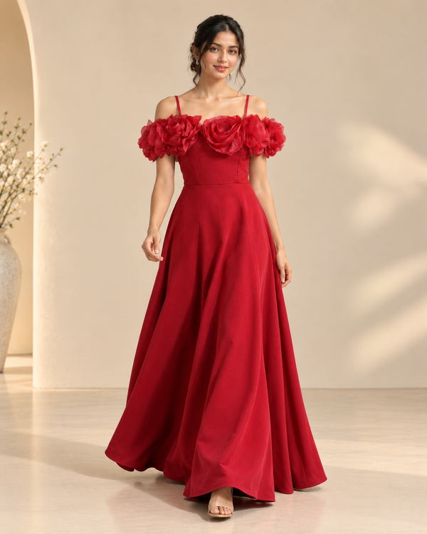 Elegent Crimson Floral Gown Dress