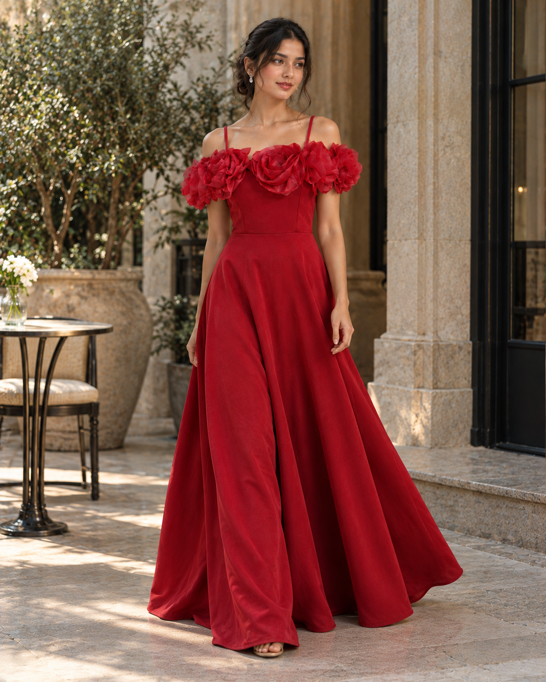 Elegent Crimson Floral Gown Dress Main image