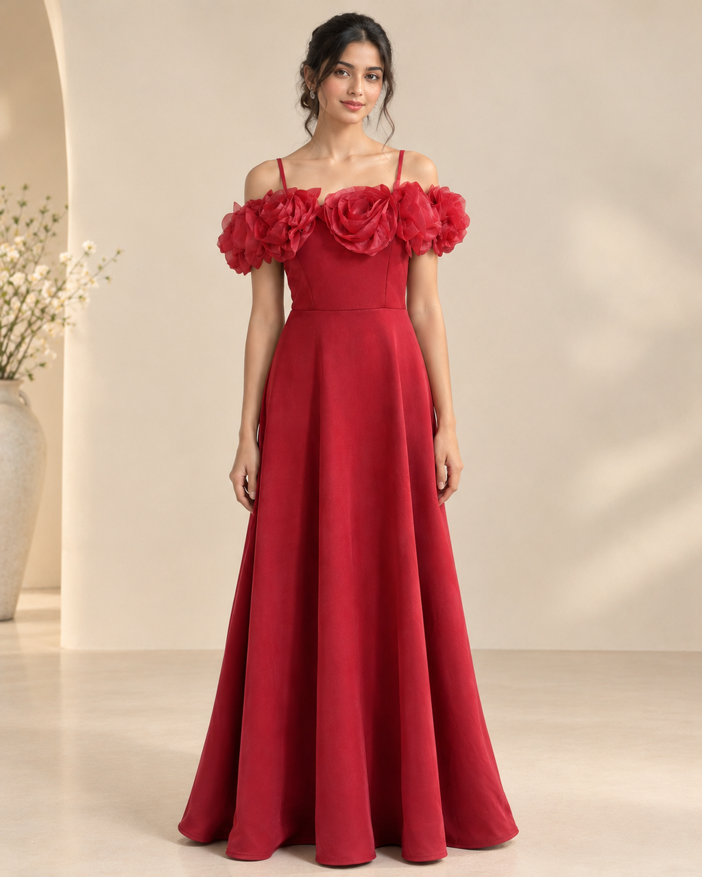 Elegent Crimson Floral Gown Dress