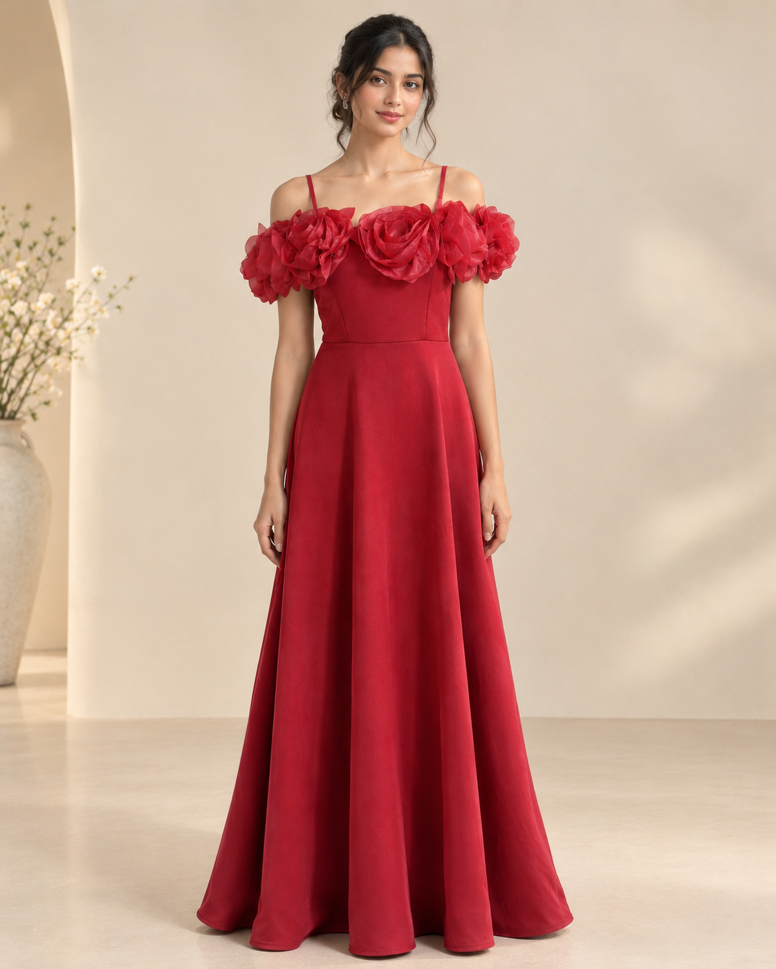 Elegent Crimson Floral Gown Dress