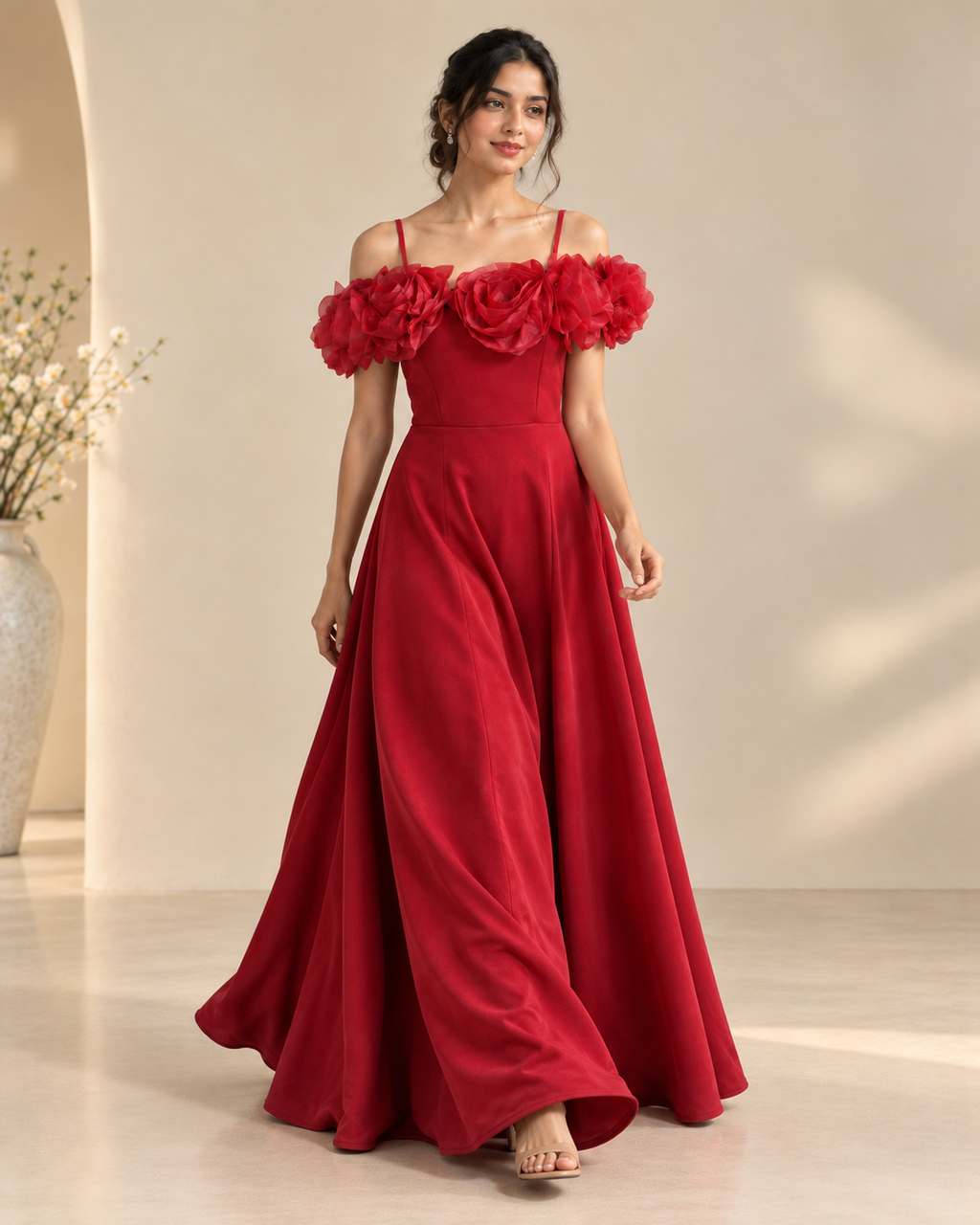 Elegent Crimson Floral Gown Dress