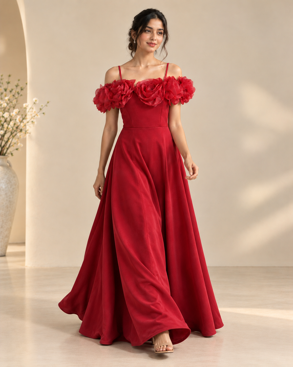 Elegent Crimson Floral Gown Dress