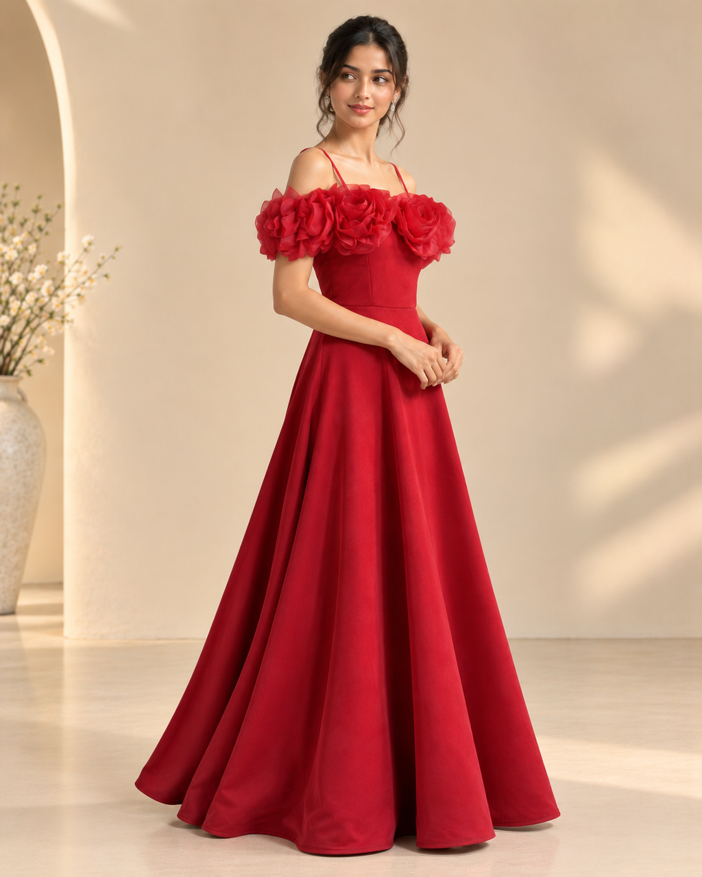 Elegent Crimson Floral Gown Dress