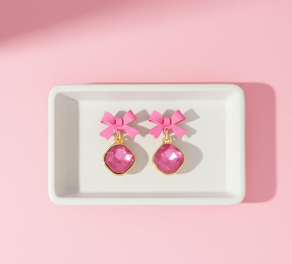 Pink Bow Sparkle Drop Earrings
