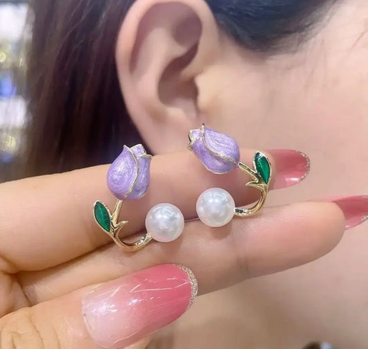 Violet Petal Pearl Earrings