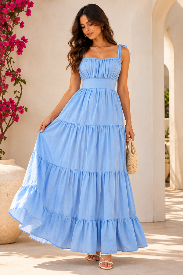 Sky Blue Tiered Maxi Dress with Tie-Shoulder Straps