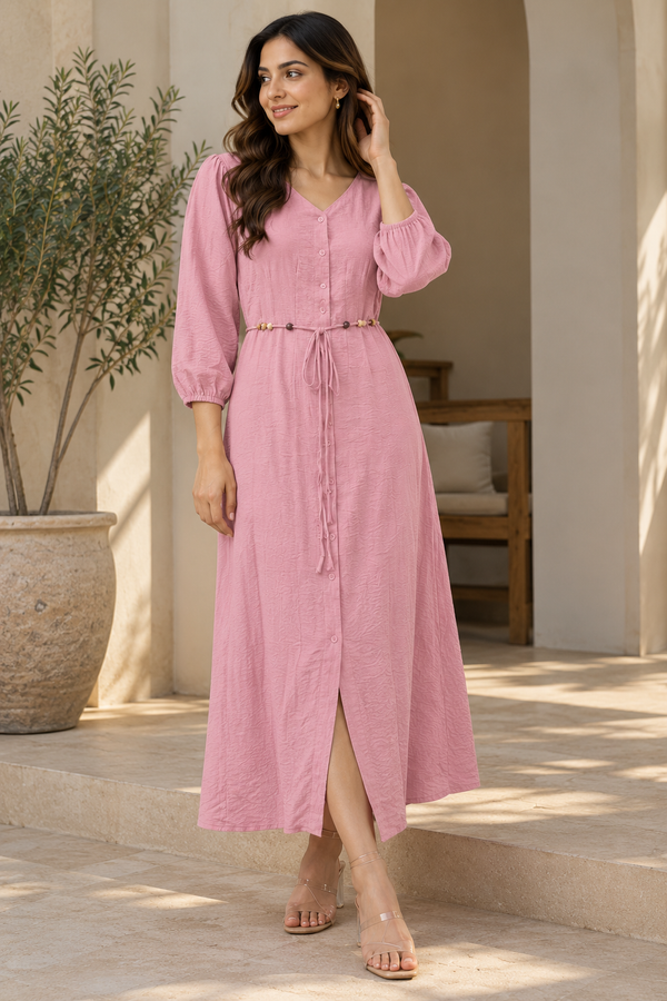Rosé Charm Button-Down Maxi Dress
