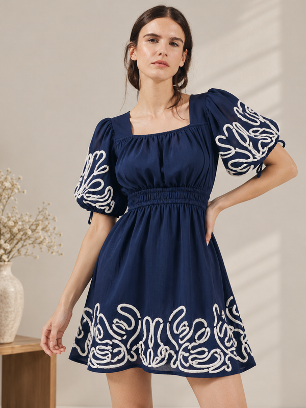 Navy Bloom Embroidered Dress