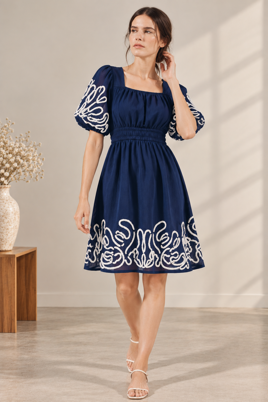 Navy Bloom Embroidered Dress