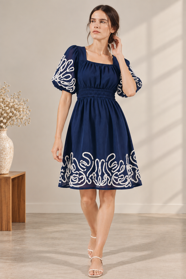 Navy Bloom Embroidered Dress