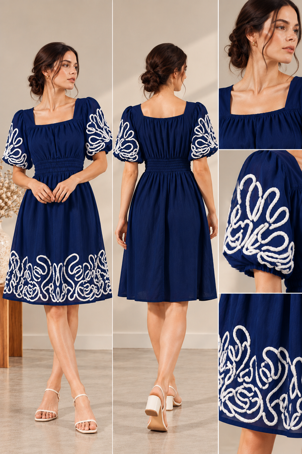 Navy Bloom Embroidered Dress