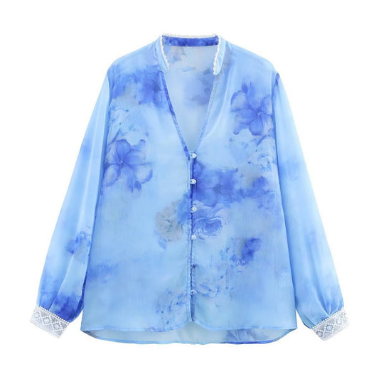 Blue Floral V-Neck  Top