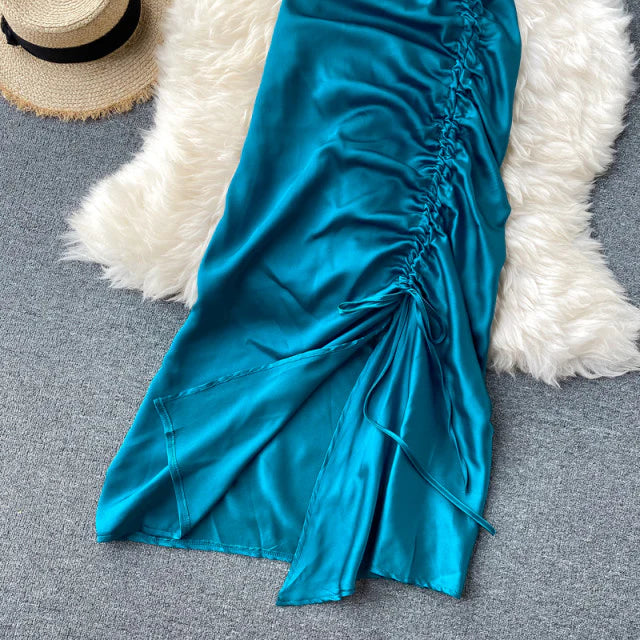Ruched Sapphire Silken Dress