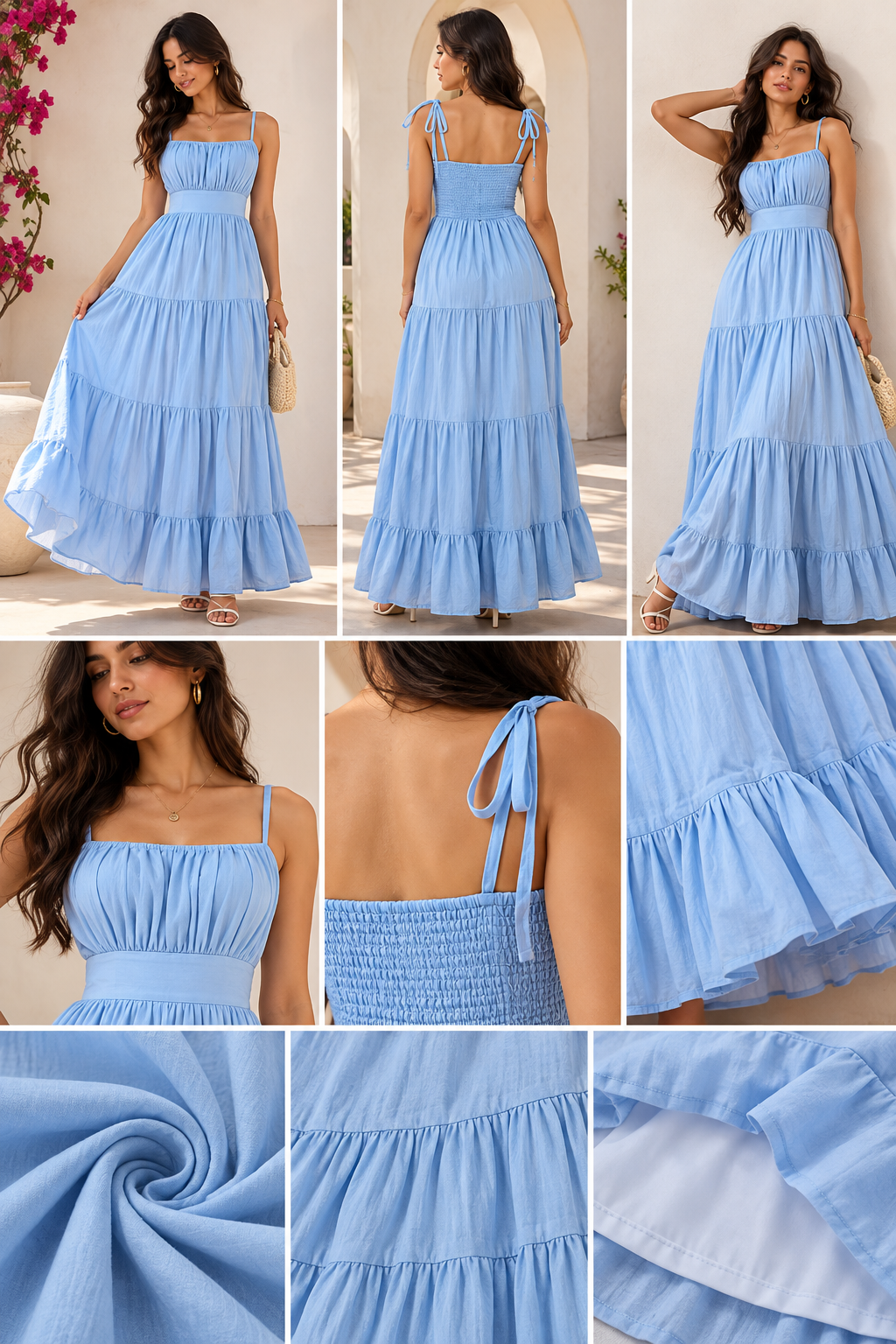 Sky Blue Tiered Maxi Dress with Tie-Shoulder Straps