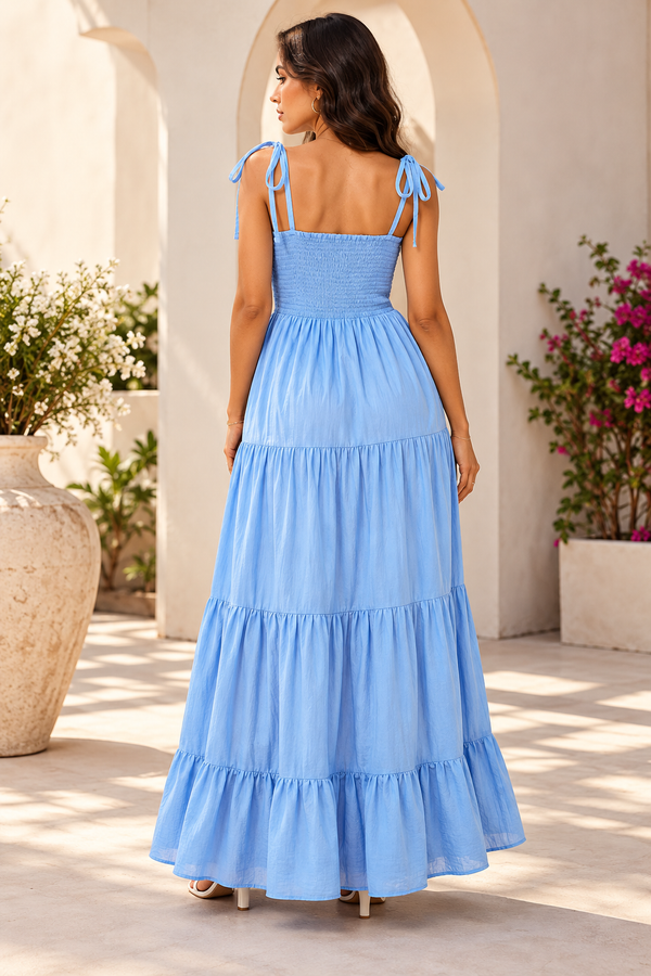 Sky Blue Tiered Maxi Dress with Tie-Shoulder Straps