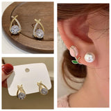 Floral Pearl & Wavy Gold Square Earring  Combo