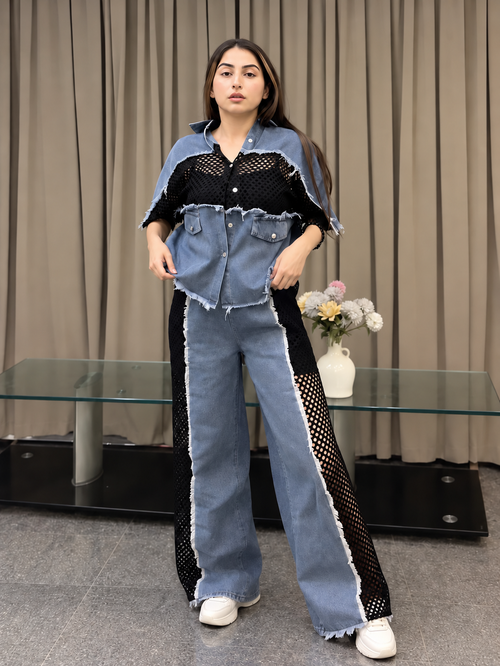 Vita Neted Denim Co-ord Set With Free Inner Vest Included