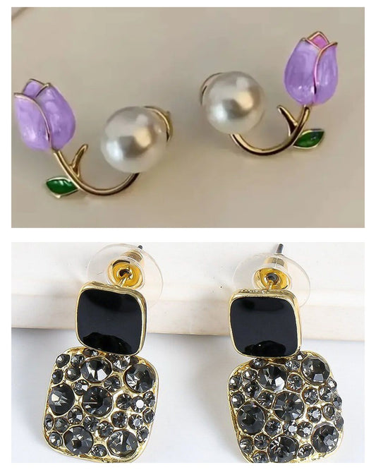 Trendy Purple Tulip & Pearl Drop Earrings Combo