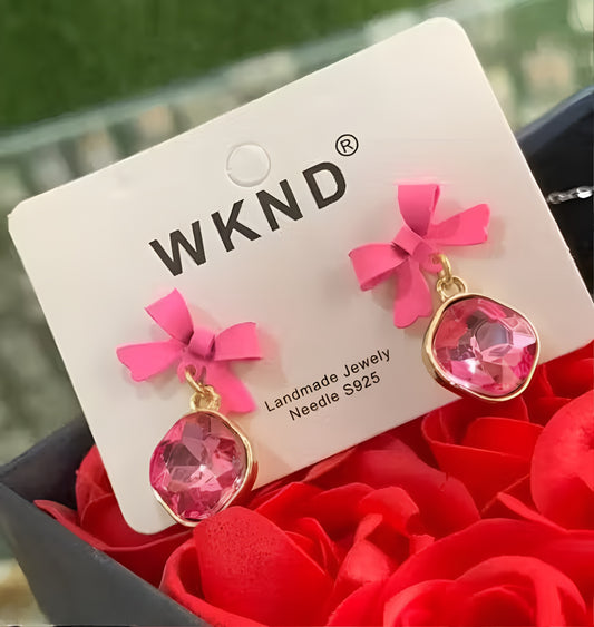 Pink Bow Sparkle Drop Earrings