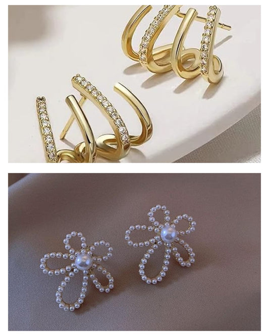Pearl Blossom & Crystal Spiral Hoop Earring Combo