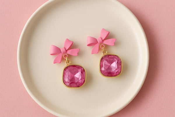 Pink Bow Sparkle Drop Earrings