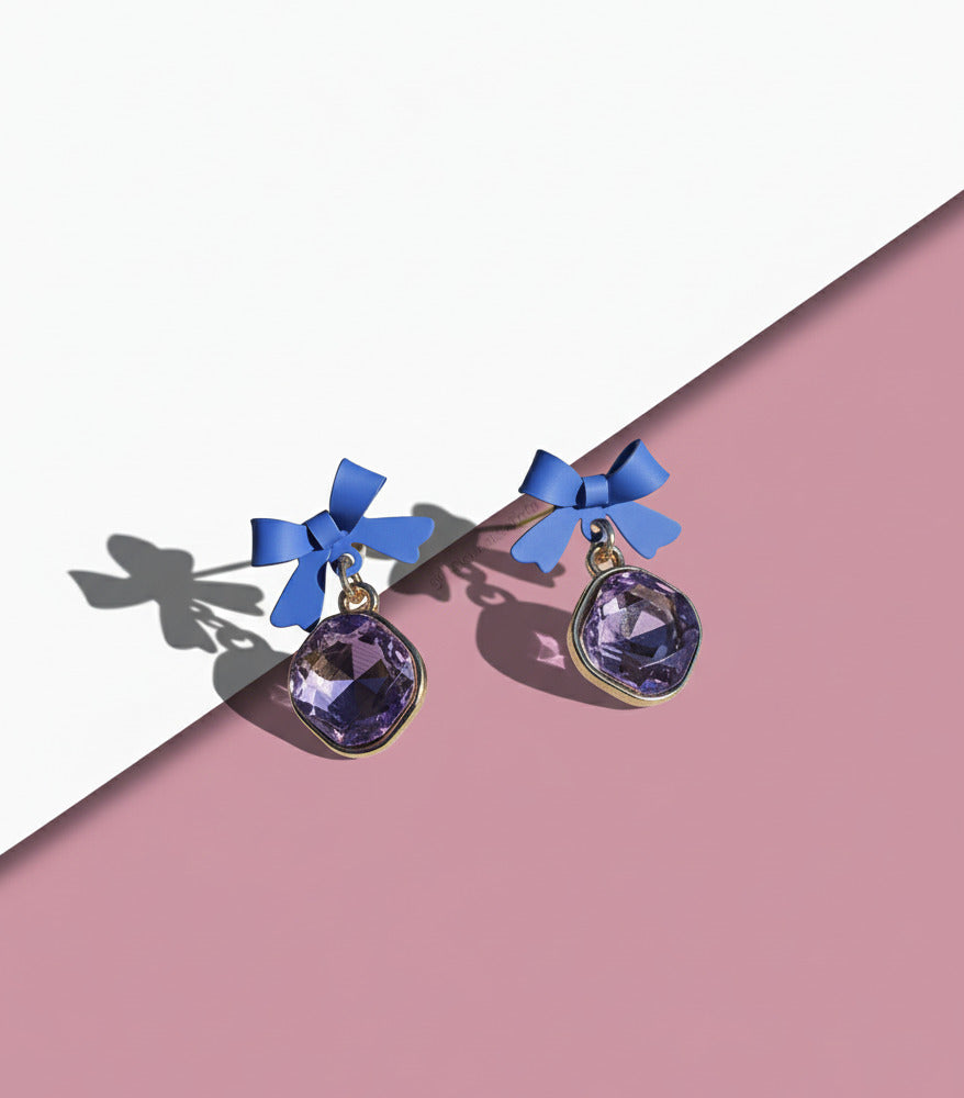Purple Crystal Bow Charm Earrings