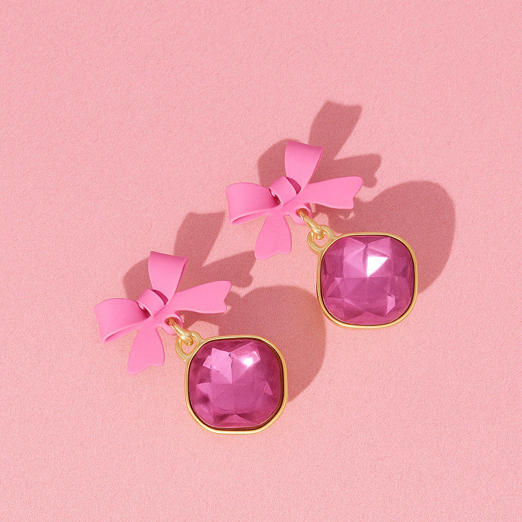 Pink Bow Sparkle Drop Earrings