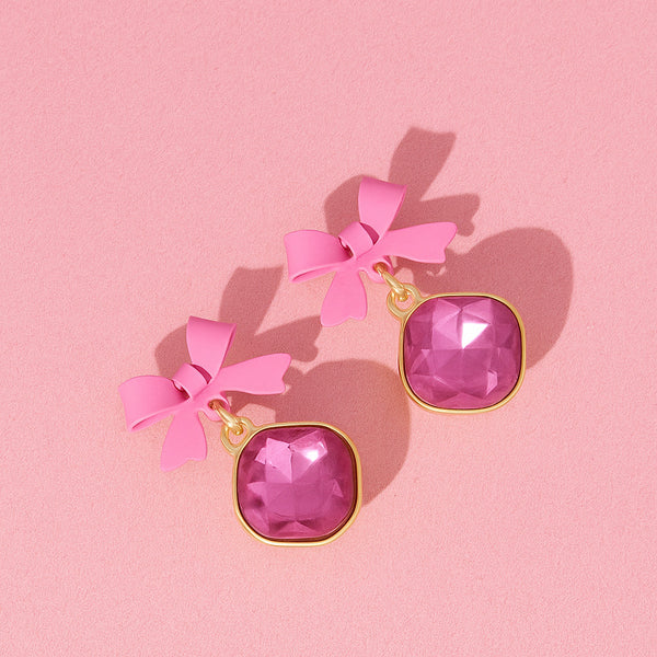 Pink Bow Sparkle Drop Earrings