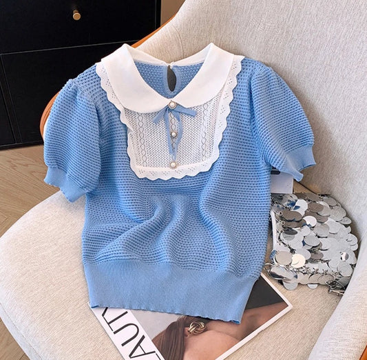 Vintage Charm Knit Blue Top