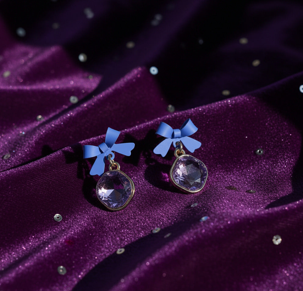 Purple Crystal Bow Charm Earrings