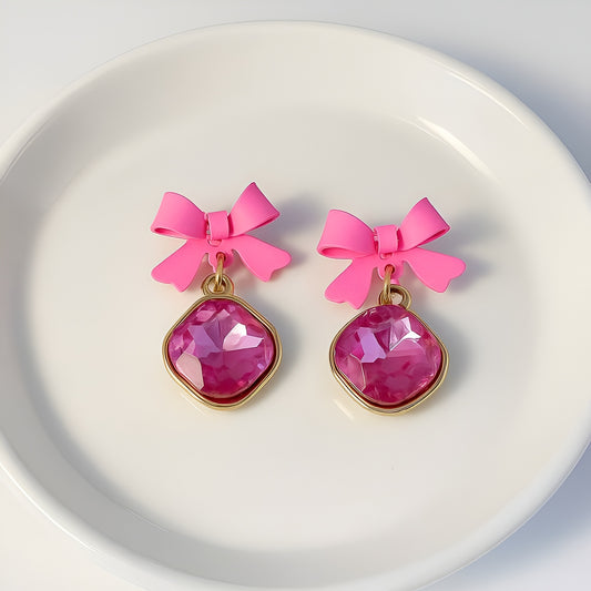 Pink Bow Sparkle Drop Earrings