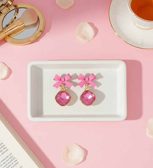 Pink Bow Sparkle Drop Earrings