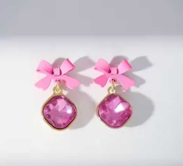Pink Bow Sparkle Drop Earrings