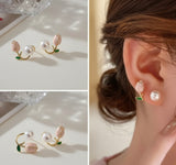 Elegant Double Pearl Arc Studs  Earrings
