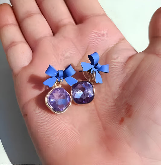 Purple Crystal Bow Charm Earrings