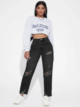 High Waisted Ripped Raw Hem Jeans