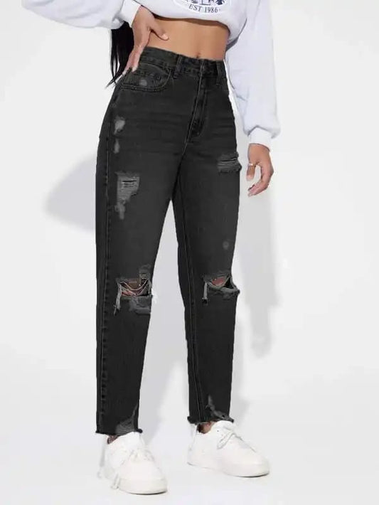 High Waisted Ripped Raw Hem Jeans
